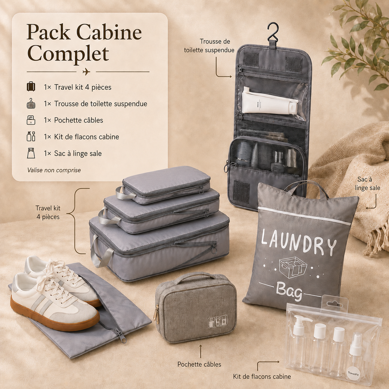 Pack Cabine Complet TravelFit — travel kit, trousse de toilette, pochette câbles, kit flacons cabine et sac à linge sale