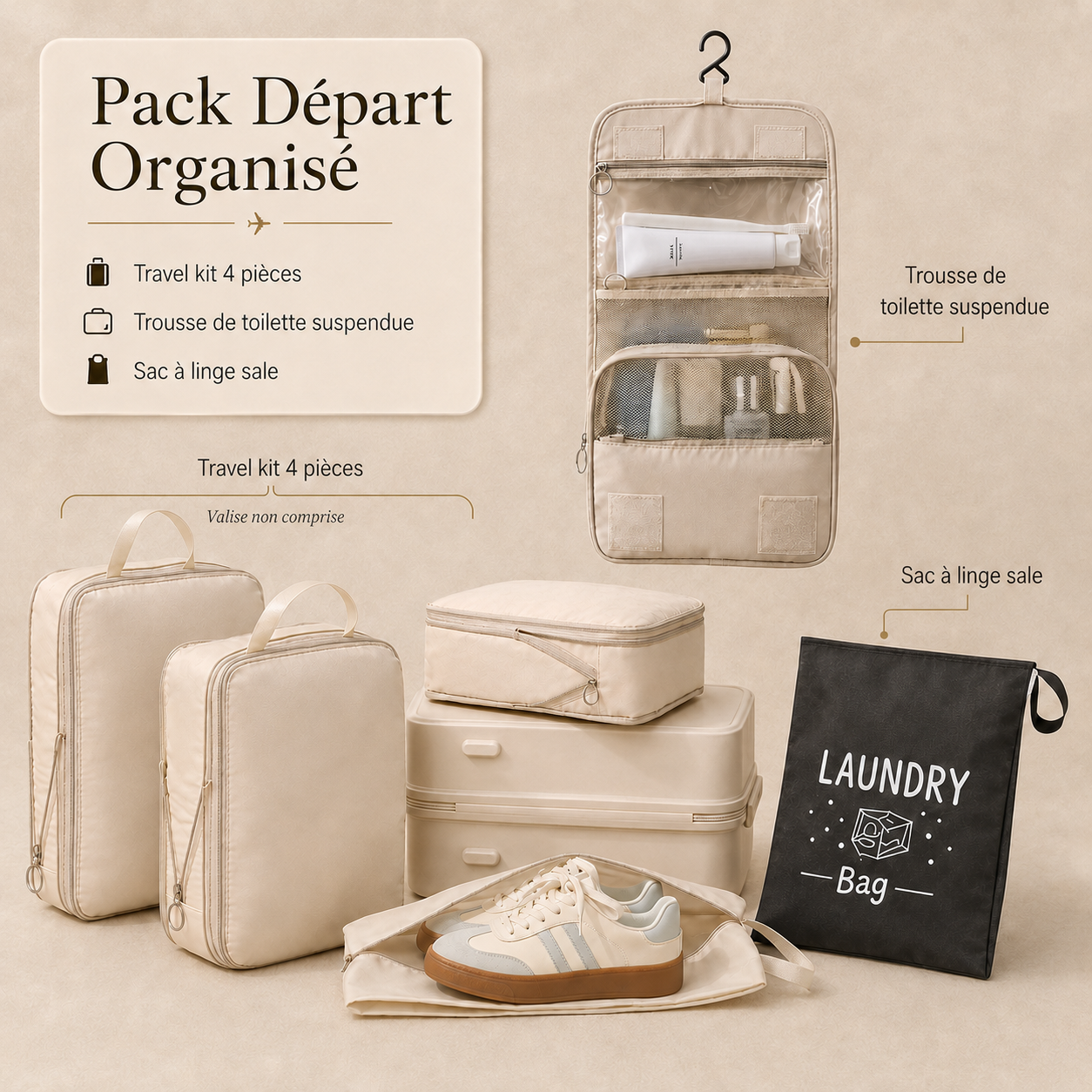 Pack Départ Organisé TravelFit — travel kit 4 pièces, trousse de toilette suspendue et sac à linge sale
