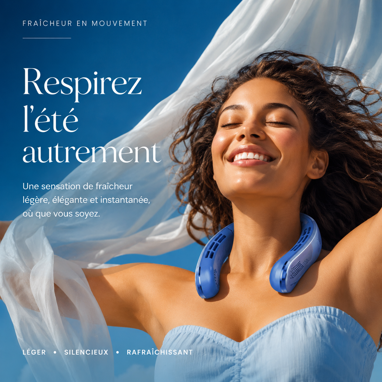 FreshNeck porté en extérieur pour illustrer une sensation de fraîcheur légère en été